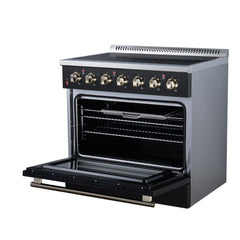 Forno Galiano 36" Freestanding Electric range, 5 Radiant Burners, 5.36 cf. True Convection oven, Air fryer kit - Black - Right Angle Open - The Home Selection