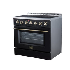 Forno Galiano 36" Freestanding Electric range, 5 Radiant Burners, 5.36 cf. True Convection oven, Air fryer kit - Black - Right Angle - The Home Selection