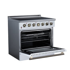 Forno Galiano 36" Freestanding Electric range, 5 Radiant Burners, 5.36 cf. True Convection oven, Air fryer kit - White - Left Angle Open - The Home Selection
