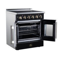 Forno Galiano 30" French Door Electric range, 4 Radiant Burners, 4.32 cf. True Convection oven, Air fryer kit - Black - Left Angle Open - The Home Selection