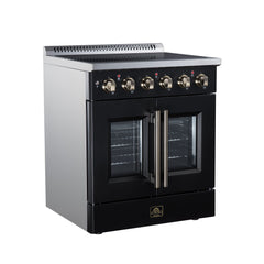 Forno Galiano 30" French Door Electric range, 4 Radiant Burners, 4.32 cf. True Convection oven, Air fryer kit - Black - Left Angle - The Home Selection