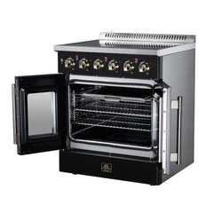 Forno Galiano 30" French Door Electric range, 4 Radiant Burners, 4.32 cf. True Convection oven, Air fryer kit - Black - Right Angle Open - The Home Selection