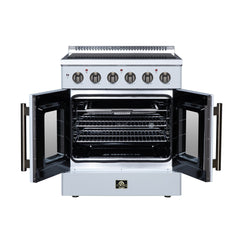 Forno Galiano 30" French Door Electric range, 4 Radiant Burners, 4.32 cf. True Convection oven, Air fryer kit - White - Front Open - The Home Selection