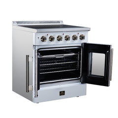 Forno Galiano 30" French Door Electric range, 4 Radiant Burners, 4.32 cf. True Convection oven, Air fryer kit - White - Left Angle Open - The Home Selection