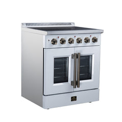 Forno Galiano 30" French Door Electric range, 4 Radiant Burners, 4.32 cf. True Convection oven, Air fryer kit - White - Left Angle - The Home Selection