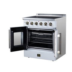 Forno Galiano 30" French Door Electric range, 4 Radiant Burners, 4.32 cf. True Convection oven, Air fryer kit - White - Right Angle Open - The Home Selection
