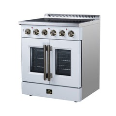 Forno Galiano 30" French Door Electric range, 4 Radiant Burners, 4.32 cf. True Convection oven, Air fryer kit - White - Right Angle - The Home Selection