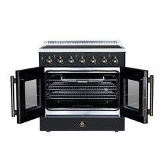 Forno Galiano 36" French Door Electric range, 5 Radiant Burners, 5.36 cf. True Convection oven, Air fryer kit - Black - Front Open - The Home Selection