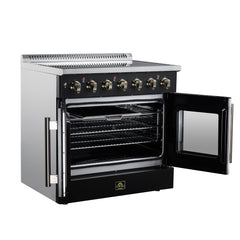 Forno Galiano 36" French Door Electric range, 5 Radiant Burners, 5.36 cf. True Convection oven, Air fryer kit - Black - Left Angle Open - The Home Selection