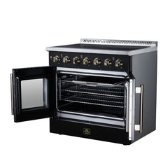 Forno Galiano 36" French Door Electric range, 5 Radiant Burners, 5.36 cf. True Convection oven, Air fryer kit - Black - Right Angle Open - The Home Selection
