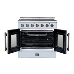 Forno Galiano 36" French Door Electric range, 5 Radiant Burners, 5.36 cf. True Convection oven, Air fryer kit - White - Front Open - The Home Selection