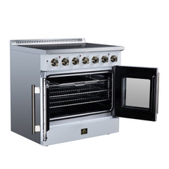 Forno Galiano 36" French Door Electric range, 5 Radiant Burners, 5.36 cf. True Convection oven, Air fryer kit - White - Left Angle Open - The Home Selection