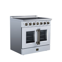 Forno Galiano 36" French Door Electric range, 5 Radiant Burners, 5.36 cf. True Convection oven, Air fryer kit - White - Left Angle - The Home Selection