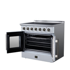 Forno Galiano 36" French Door Electric range, 5 Radiant Burners, 5.36 cf. True Convection oven, Air fryer kit - White - Right Angle Open - The Home Selection