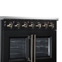 Forno Massimo 36" French Door Electric range, 5 Radiant Burners, 5.36 cf. True Convection oven, Air fryer kit - Black - Control Panel Left Angle - The Home Selection