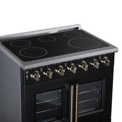 Forno Massimo 36" French Door Electric range, 5 Radiant Burners, 5.36 cf. True Convection oven, Air fryer kit - Black - Cooktop Left Angle - The Home Selection
