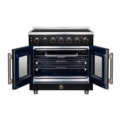 Forno Massimo 36" French Door Electric range, 5 Radiant Burners, 5.36 cf. True Convection oven, Air fryer kit - Black - Front Open - The Home Selection