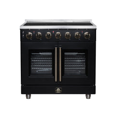 Forno Massimo 36" French Door Electric range, 5 Radiant Burners, 5.36 cf. True Convection oven, Air fryer kit - Black - Front - The Home Selection