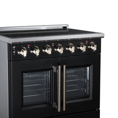 Forno Massimo 36" French Door Electric range, 5 Radiant Burners, 5.36 cf. True Convection oven, Air fryer kit - Black - Left Angle Close Up - The Home Selection