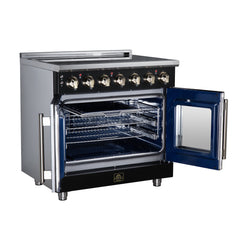 Forno Massimo 36" French Door Electric range, 5 Radiant Burners, 5.36 cf. True Convection oven, Air fryer kit - Black - Left Angle Open - The Home Selection