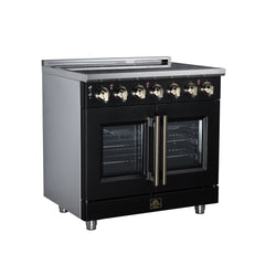 Forno Massimo 36" French Door Electric range, 5 Radiant Burners, 5.36 cf. True Convection oven, Air fryer kit - Black - Left Angle - The Home Selection