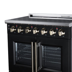 Forno Massimo 36" French Door Electric range, 5 Radiant Burners, 5.36 cf. True Convection oven, Air fryer kit - Black - Right Angle Close Up - The Home Selection
