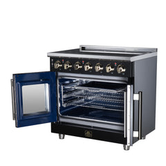 Forno Massimo 36" French Door Electric range, 5 Radiant Burners, 5.36 cf. True Convection oven, Air fryer kit - Black - Right Angle Open - The Home Selection