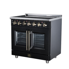 Forno Massimo 36" French Door Electric range, 5 Radiant Burners, 5.36 cf. True Convection oven, Air fryer kit - Black - Right Angle - The Home Selection