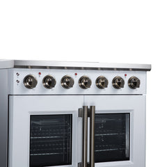 Forno Massimo 36" French Door Electric range, 5 Radiant Burners, 5.36 cf. True Convection oven, Air fryer kit - White - Control Panel Left Angle - The Home Selection