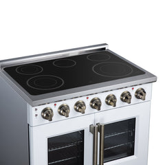 Forno Massimo 36" French Door Electric range, 5 Radiant Burners, 5.36 cf. True Convection oven, Air fryer kit - White - Cooktop Left Angle - The Home Selection