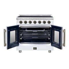 Forno Massimo 36" French Door Electric range, 5 Radiant Burners, 5.36 cf. True Convection oven, Air fryer kit - White - Front Open - The Home Selection