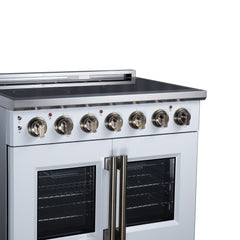 Forno Massimo 36" French Door Electric range, 5 Radiant Burners, 5.36 cf. True Convection oven, Air fryer kit - White - Left Angle Close Up - The Home Selection