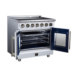 Forno Massimo 36" French Door Electric range, 5 Radiant Burners, 5.36 cf. True Convection oven, Air fryer kit - White - Left Angle Open - The Home Selection