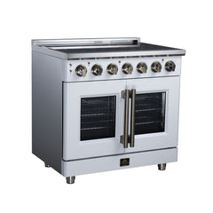 Forno Massimo 36" French Door Electric range, 5 Radiant Burners, 5.36 cf. True Convection oven, Air fryer kit - White - Left Angle - The Home Selection