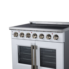 Forno Massimo 36" French Door Electric range, 5 Radiant Burners, 5.36 cf. True Convection oven, Air fryer kit - White - Right Angle Close Up - The Home Selection