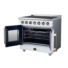 Forno Massimo 36" French Door Electric range, 5 Radiant Burners, 5.36 cf. True Convection oven, Air fryer kit - White - Right Angle Open - The Home Selection
