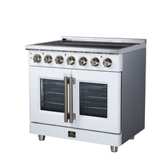 Forno Massimo 36" French Door Electric range, 5 Radiant Burners, 5.36 cf. True Convection oven, Air fryer kit - White - Right Angle - The Home Selection