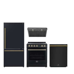 FORNO Premium 4-Piece Kitchen Bundle - Leonardo Espresso 30" Black Range, 30" Black Range Hood, 31" Black Bottom Freezer Refrigerator, 24" Black Built-In Dishwasher - 686136998703