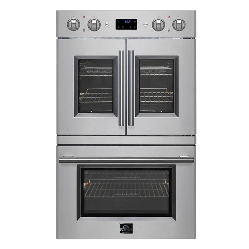 Forno Asti 30-Inch Double Electric Wall Oven with Upper French Doors in Stainless Steel, 7.36 cu. ft. Dual True Convection, 7,200W, Air Fry, Self-Clean - FBOEL1340-30