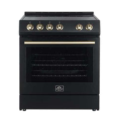 FORNO Premium 3-Piece Kitchen Bundle - Leonardo Espresso 30" Black Range, 30" Black Range Hood, 31" Black Bottom Freezer Refrigerator - FBDL-001-02US