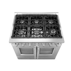 Forno Galiano 36-inch French Door Gas Range Black and Antique Brass Design, 6 Sealed Burners 83,000 BTU, 5.36 cu.ft. Convection Oven - FFSGS6444-36