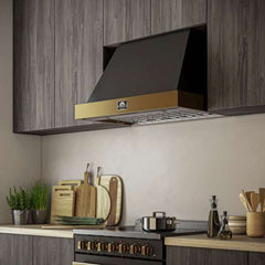 Forno Vittorio 36" Wall Mount Range Hood with Antique Brass Trim, 600 CFM with Baffle Filters & Remote Control - FRHWM5078-36