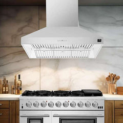 FORNO Premium 3-Piece Kitchen Bundle Galiano 48" Freestanding Dual Fuel Range, Maderno 60" Convertible Refrigerator/Freezer with Decorative Grill Trim, & Orvieto 48" Wall Mount Range Hood - FBDL-017-04CAUS