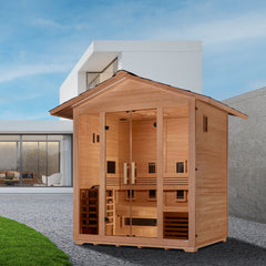 Golden Designs "Gargellen" 5 Person Hybrid (PureTech™ Full Spectrum IR or Traditional Stove) Outdoor Sauna Canadian Hemlock - GDI-8125-01