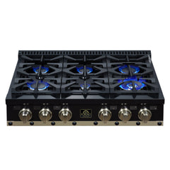 Forno Ambassador 36" Gas Cooktop, 6 Sealed Burners, 71,000 BTU Output, 1 Antique Brass Dual-Ring Burner, Continuous Cast Iron Grates - Black - Font Burners Lit - The Home Selection