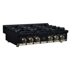 Forno Ambassador 36" Gas Cooktop, 6 Sealed Burners, 71,000 BTU Output, 1 Antique Brass Dual-Ring Burner, Continuous Cast Iron Grates - Black - Left Angle 2 - The Home Selection