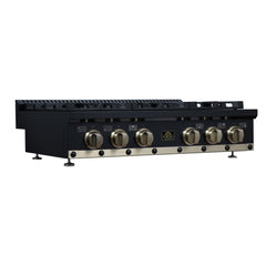 Forno Ambassador 36" Gas Cooktop, 6 Sealed Burners, 71,000 BTU Output, 1 Antique Brass Dual-Ring Burner, Continuous Cast Iron Grates - Black - Left Angle - The Home Selection