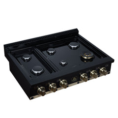 Forno Ambassador 36" Gas Cooktop, 6 Sealed Burners, 71,000 BTU Output, 1 Antique Brass Dual-Ring Burner, Continuous Cast Iron Grates - Black - No Grates - The Home Selection