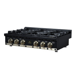 Forno Ambassador 36" Gas Cooktop, 6 Sealed Burners, 71,000 BTU Output, 1 Antique Brass Dual-Ring Burner, Continuous Cast Iron Grates - Black - Right Angle - The Home Selection