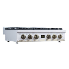 Forno Ambassador 36" Gas Cooktop, 6 Sealed Burners, 71,000 BTU Output, 1 Antique Brass Dual-Ring Burner, Continuous Cast Iron Grates - White - Left Angle 2 - The Home Selection